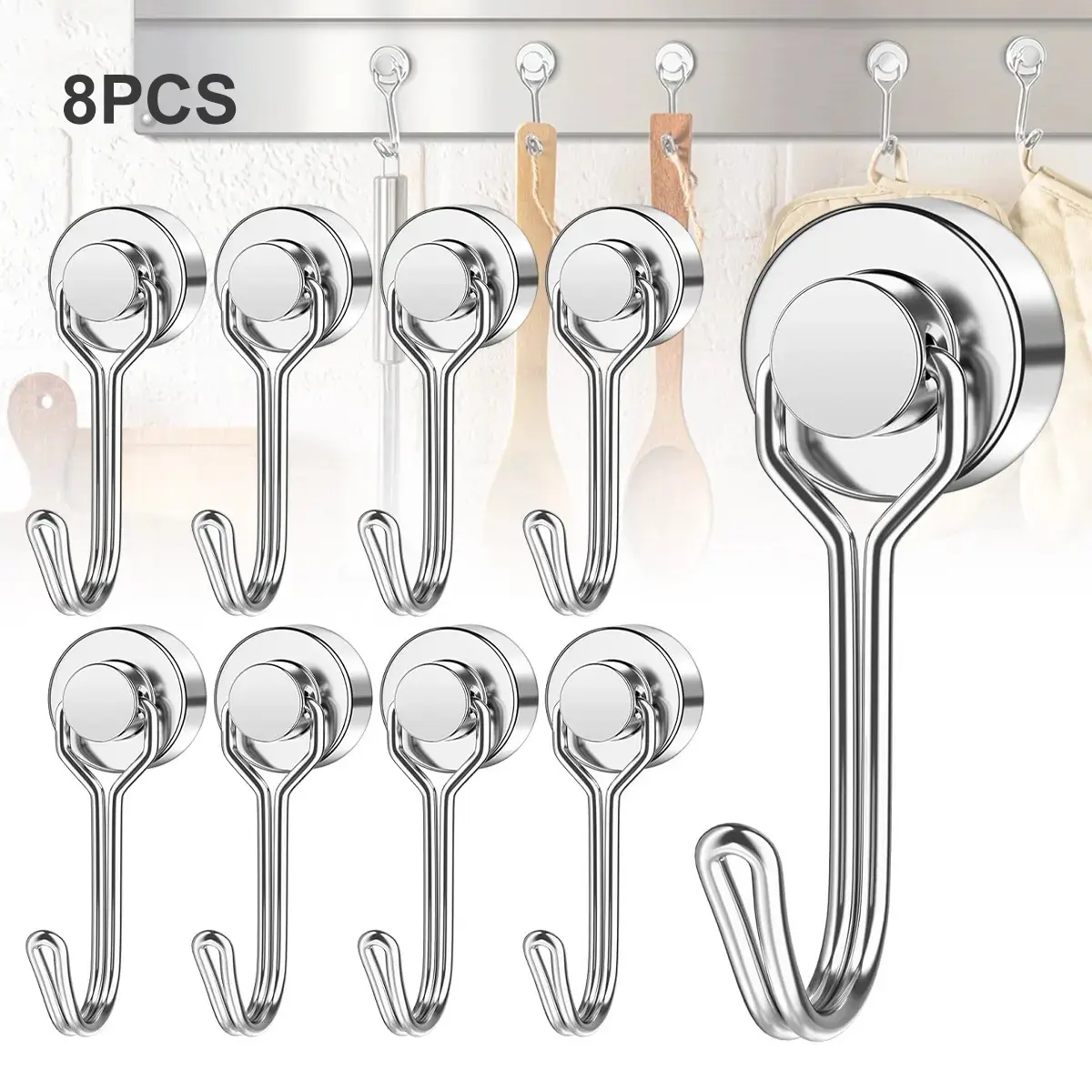 8-Pack Heavy-Duty Swivel Foldable Adjustable Neodymium Magnetic Hooks (30LBS) - Stainless Steel Functional Home Organizer Hooks for Refrigerator & Other Magnetic Surfaces, Whimsical Party Use,Tool