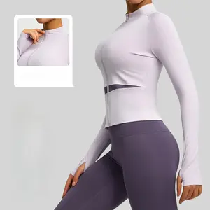 New European and American style peach color matching yoga jacket nude outdoor sports top high-necked thin breathable navel fitness clothes tee basic casual daily wear solid color training workout