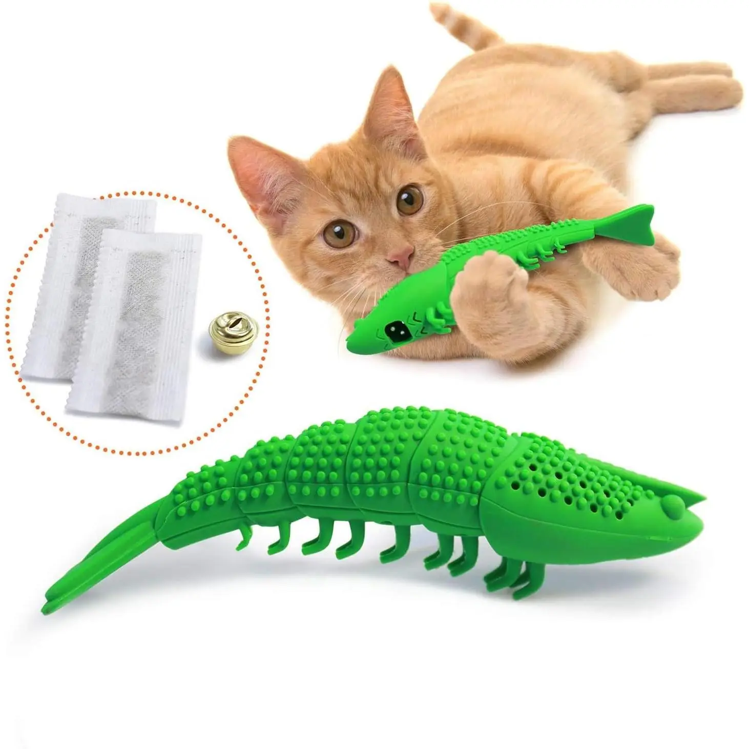 Cat Toothbrush Catnip Toy - Durable Hard Rubber - Dental Care, Cat Interactive Toothbrush Chew Toy (1 Pack Green (Shrimp)