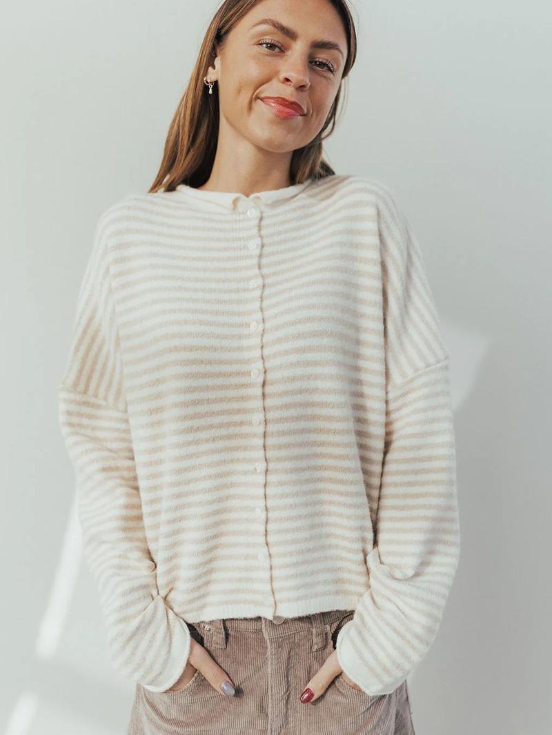 Women's Striped Casual Long Sleeve Loose Knit Sweater, Lightweight Fall & Winter Fashion, Button Front Open Front Design