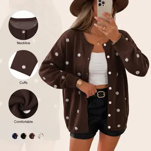 Imily Bela Women's Casual Long Sleeve Cardigan Polka Dot Embroidery Button Front Loose Knit Sweater Coat