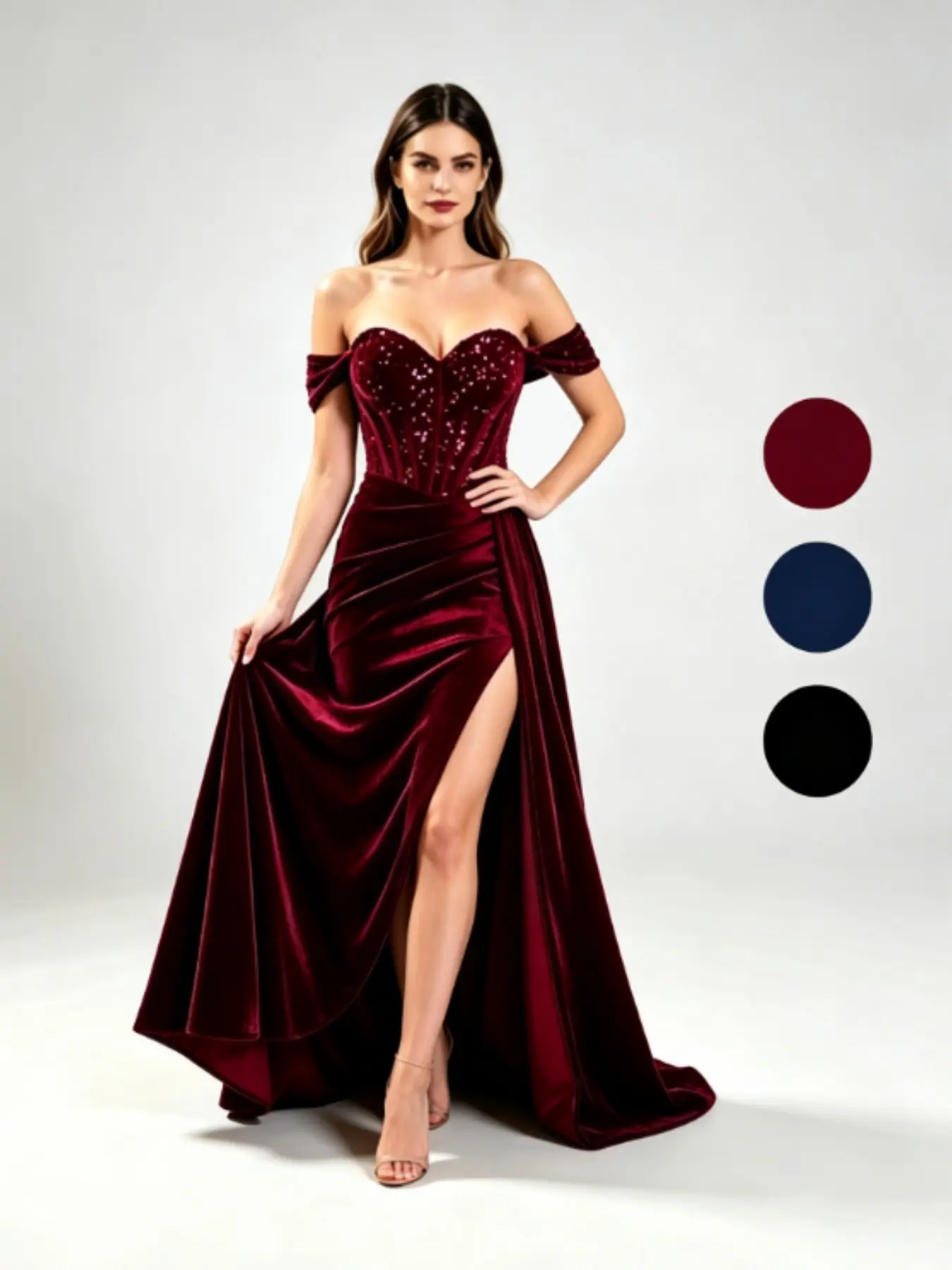 Velvet Off Shoulder Chic Sparkly Sequin Bodice Corset High Slit Evening Wear Gown Maxi Dress for Women Prom Gala Formal Night Party