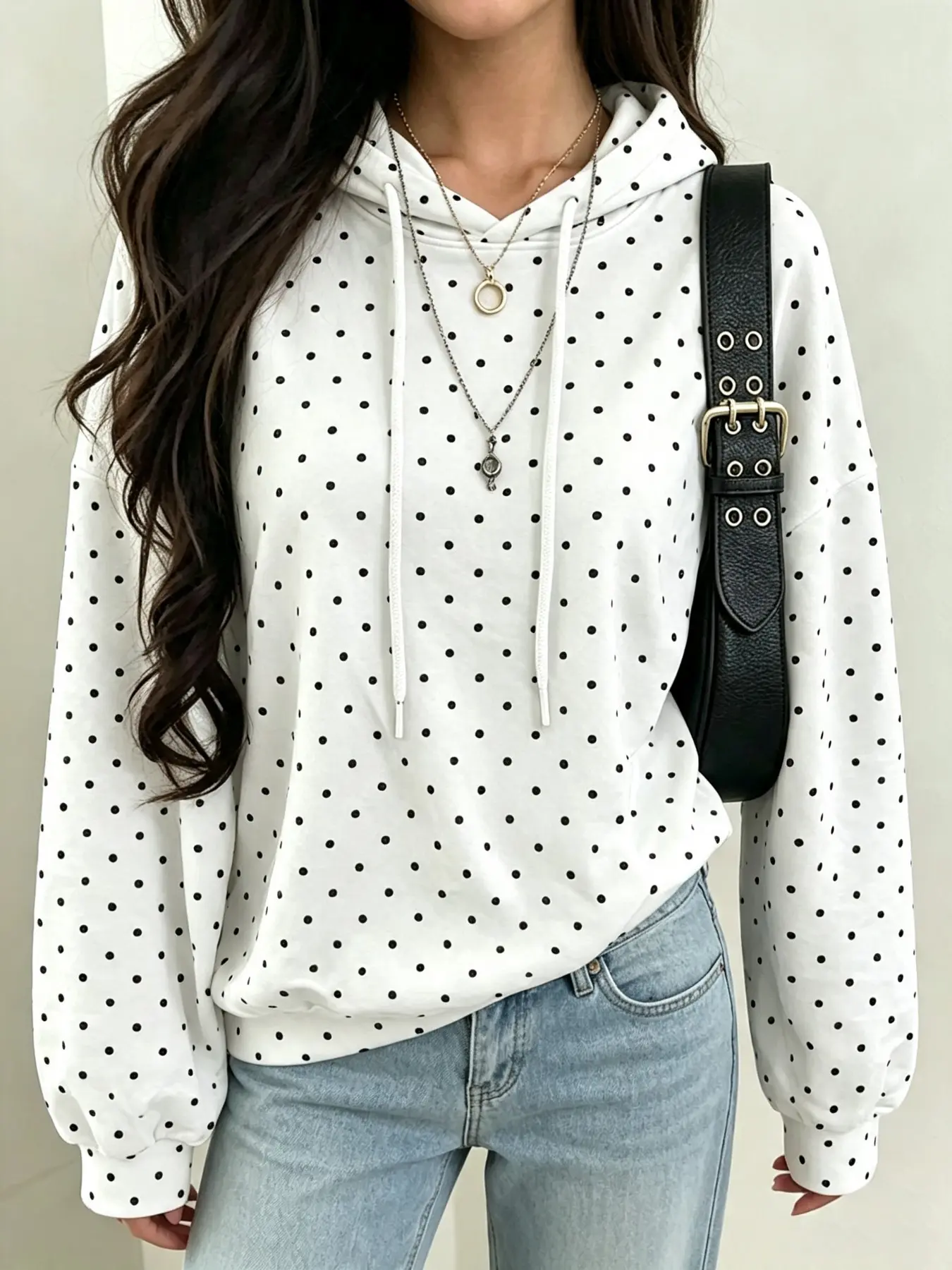 Oversized Preppy Aesthetic Streetwear Daily Casual Long Sleeve Drop Shoulder Drawstring Polka Dot Pullover Hoodie, Versatile OOTD Basic Trendy Everyday Outfit For Women, Relaxed Fit Lightweight Hooded Sweatshirt For School Weekend Errands