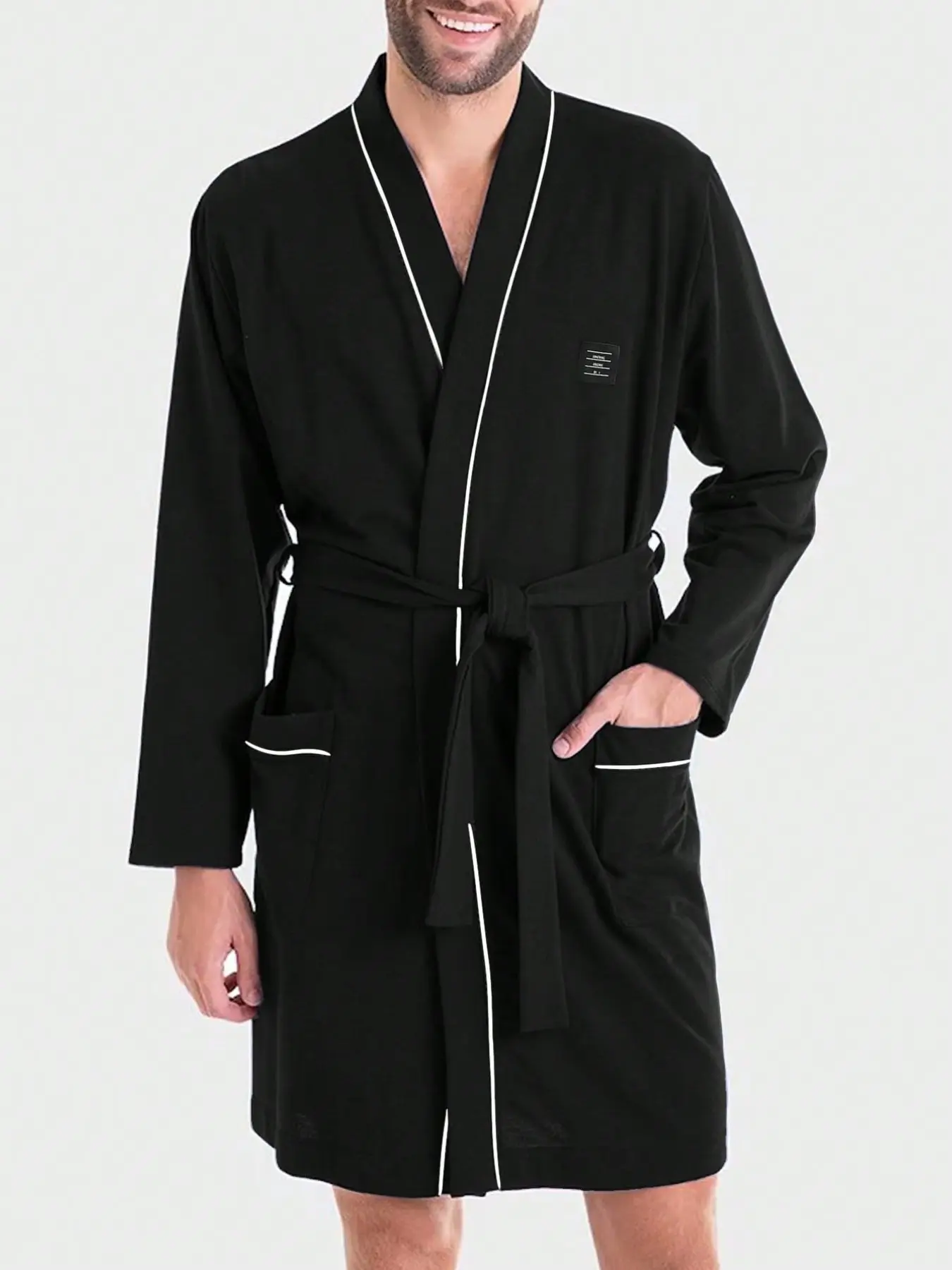 Men's Contrast Trim Robe, V-Neck Long Sleeve Tie Home Robe, Soft Casual Pocketed Bathrobe for Comfortable Wear at Home