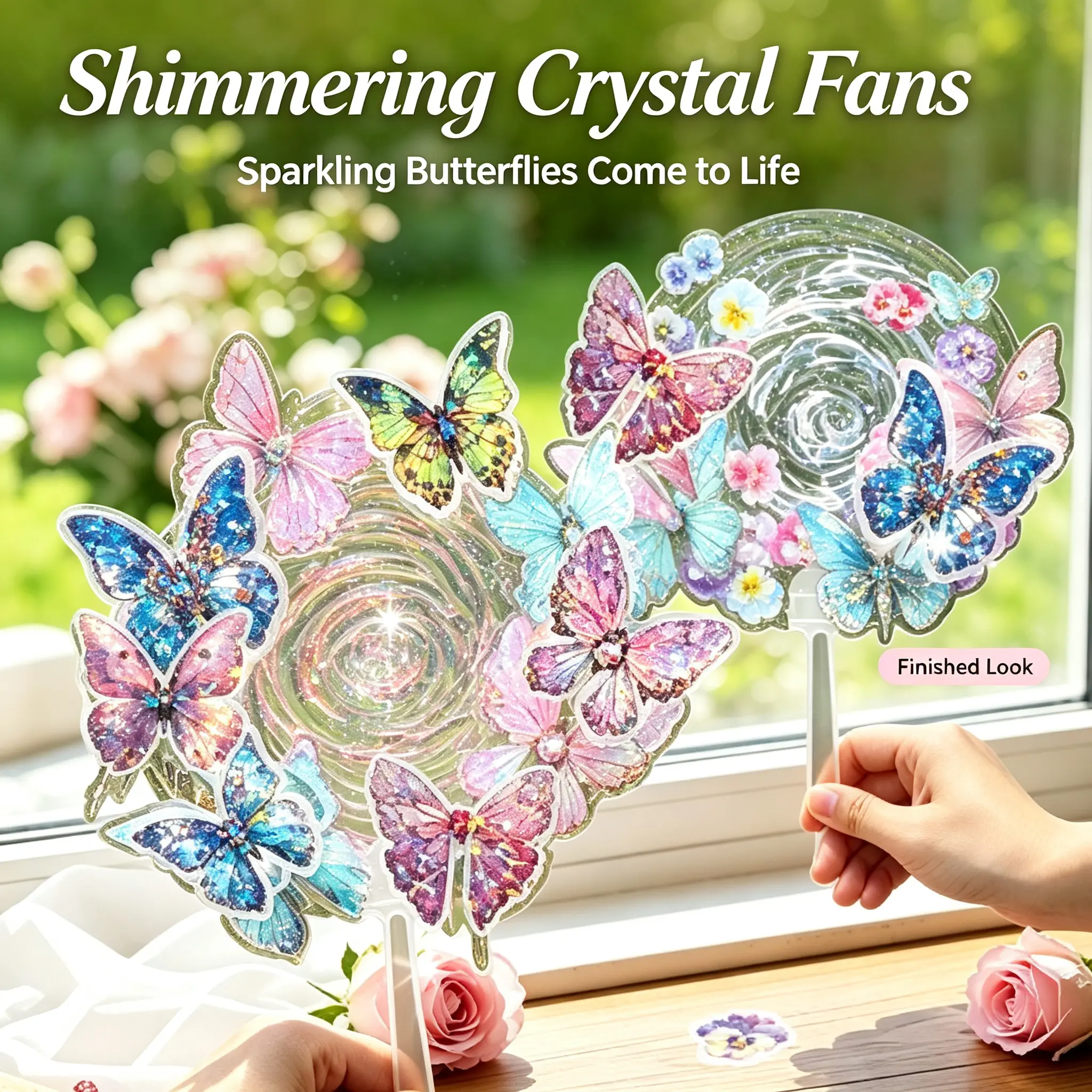 DIY Crystal Butterfly Fan Craft Kit for Girls Sparkly Resin Fan Making Set with Butterflies Flowers Deluxe Creative Activity Toy for Kids