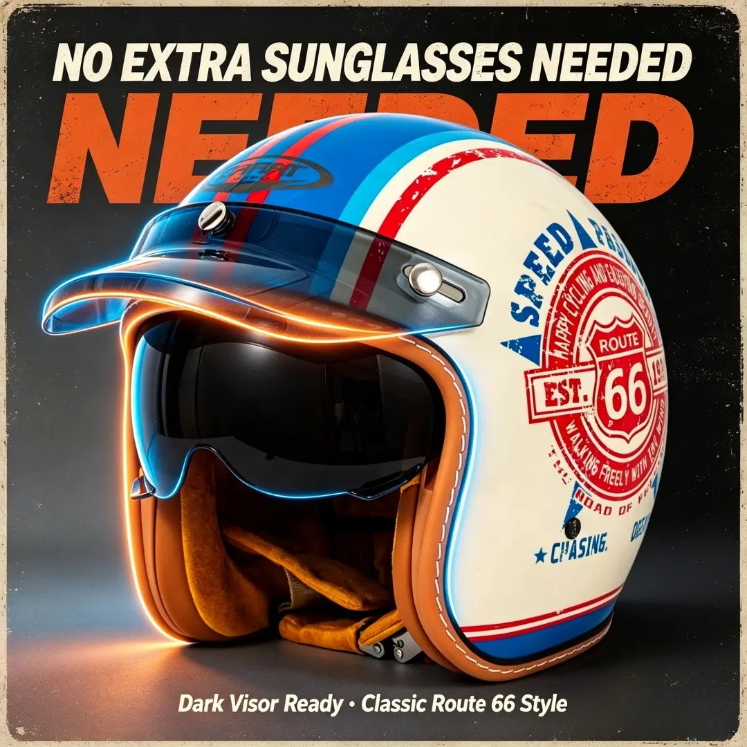 Vintage Motorcycle Helmet Highway 66, Riding Gear with Sun Protection Mirror, Stylish and Functional Bike Helmet for Outdoor Adventures