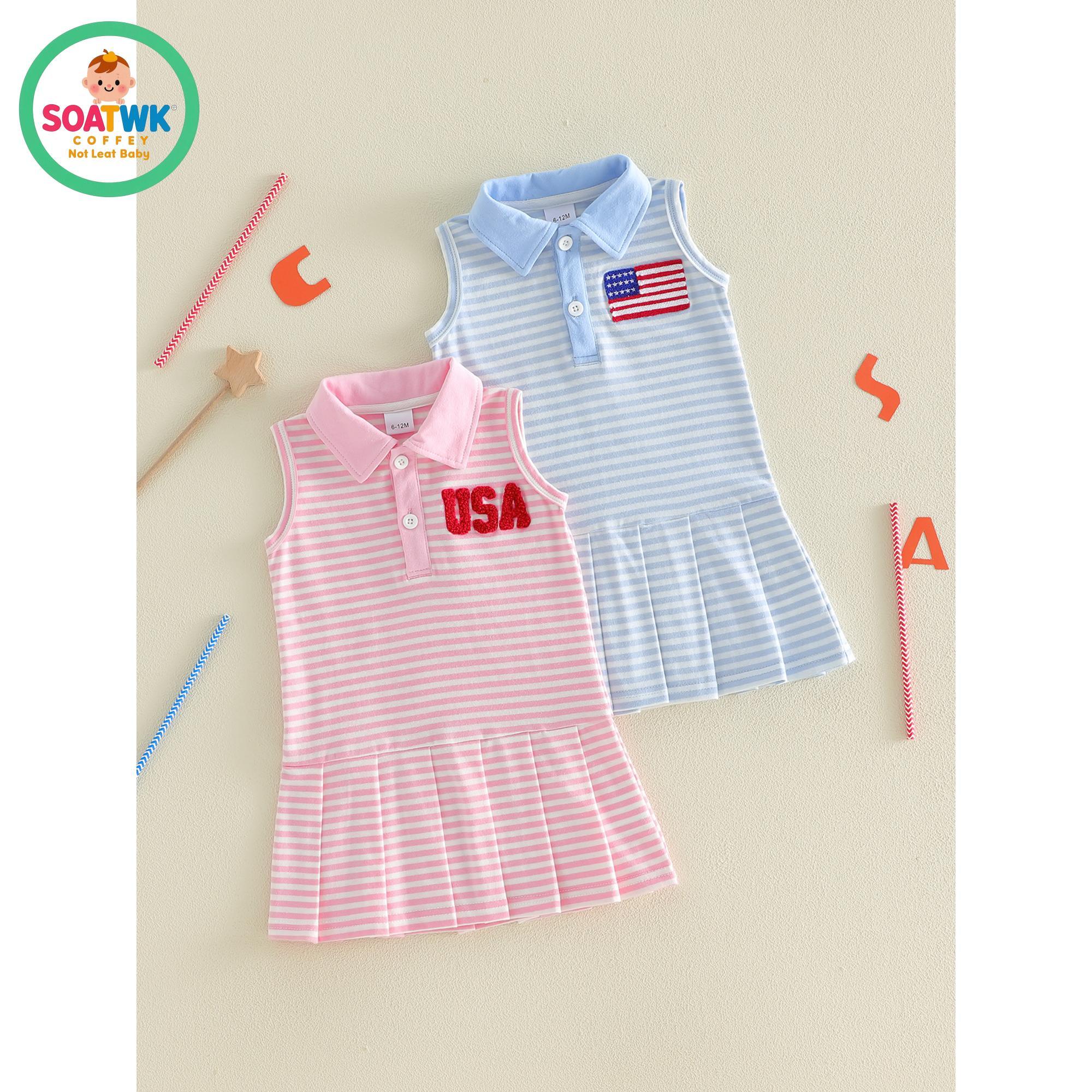 Toddler Baby Girls Patriotic Dress Fashionable 4th of July Letters Embroidery Sleeveless Collared Striped Dress
