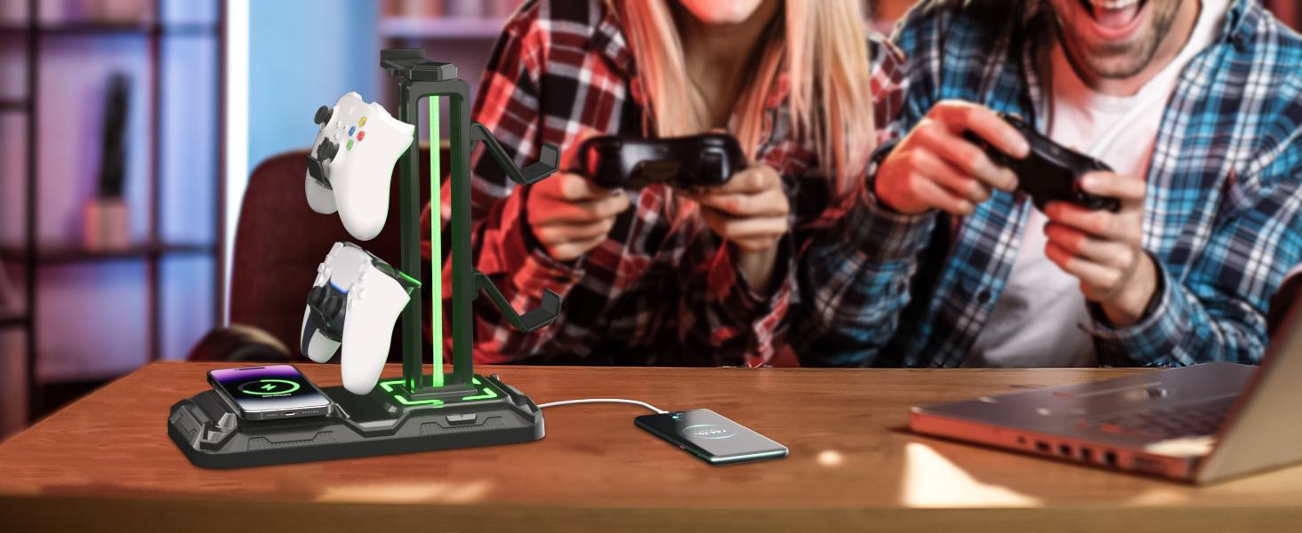 STANDARD GOODS GJ P-CPS019 Headphone & Controller Stand with Wireless Charging - Rotatable Headset Stand with 9 Light Modes - Controller Holder with 2 USB and Type C Ports - for Gamers Desktop Accessories STANDARD GOODS GJ P-CPS019 Headphone & Controller Stand with Wireless Charging - Rotatable Headset Stand with 9 Light Modes - Controller Holder with 2 USB and Type C Ports - for Gamers Desktop Accessories
