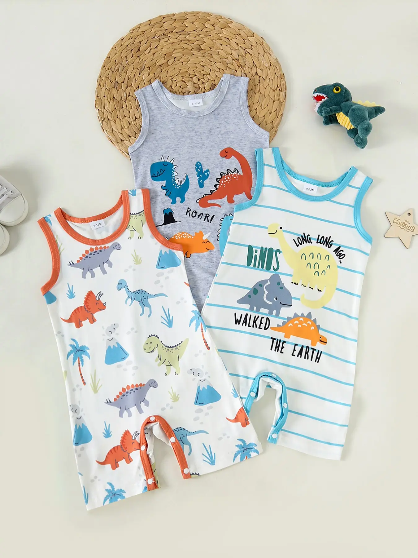 Summer 3-Piece Baby Boys Cartoon Dinosaur Print Sleeveless Romper, Breathable and Comfortable Summer, Cute Infant Shorts Set, Printed Bodysuit Set