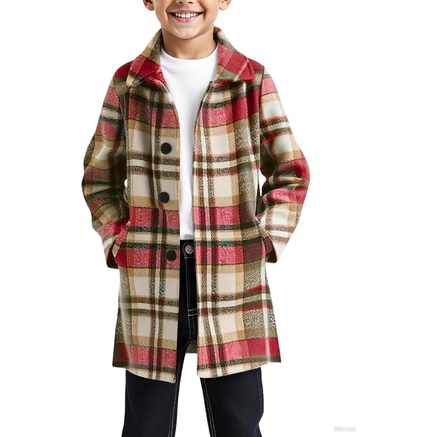 Boys Plaid Wool Blend Pea Coat Jacket with Pockets - Button Down Fall Dress Coat for Kids 5-14 Years(Gift)