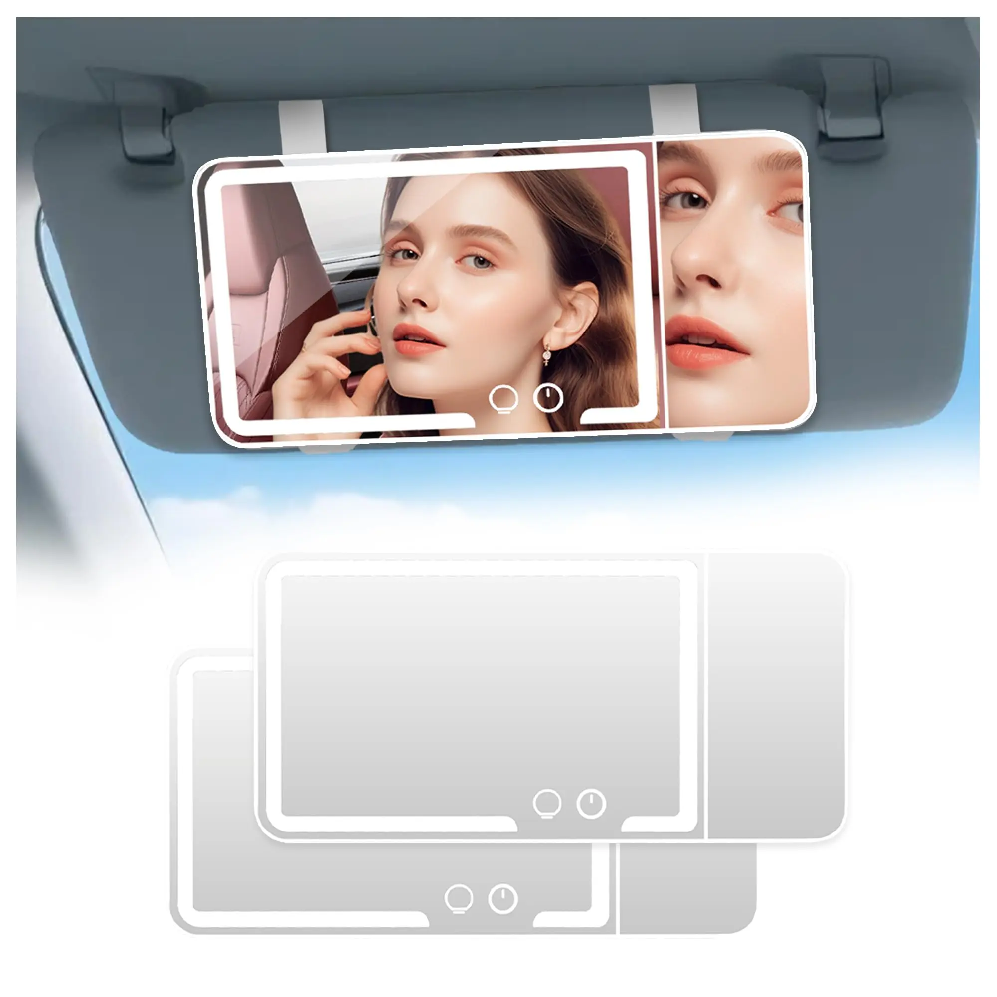 2-Pack 10.63 Inches Car Visor Vanity Mirror with Dimmable Dual-Colour LED Lighting, Touch Control, USB Power, 3 Light Modes, Side Triple Magnification, Easy Installation, Battery-Ready, Computer-Compatible for Most Cars, Car Detailing