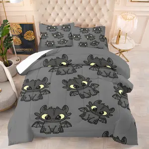 Cute Toothless Dragon Comforter Set, Soft Breathable Grey Bedding, 1 Quilt + 1/2 Pillowcases, All-Season Kawaii Night Fury Pattern Quilt for Kids Bedroom, Dorm & Room Decor, Twin/Full/Queen Size