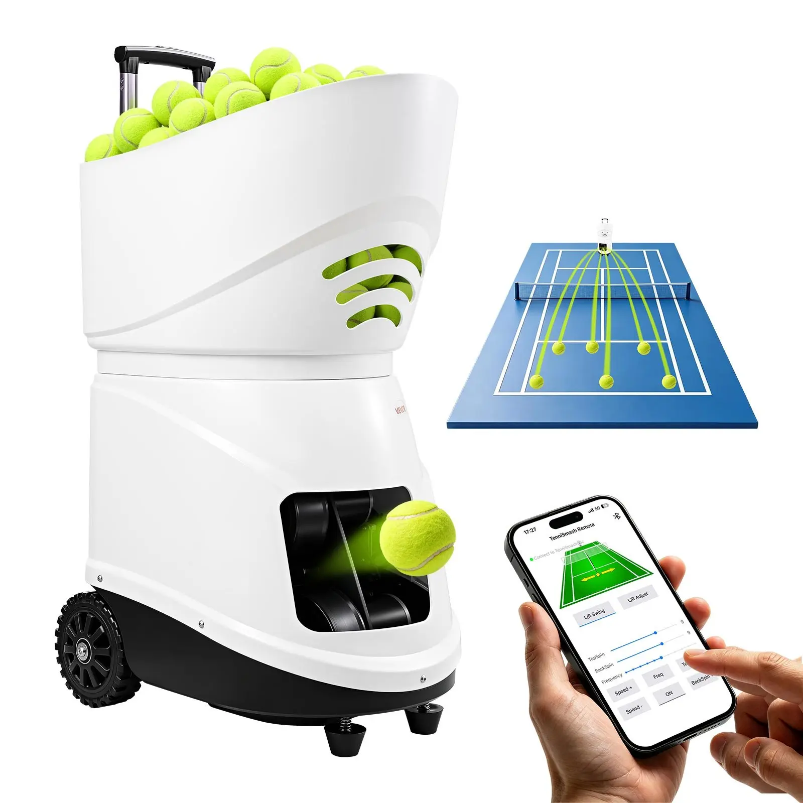 VEVOR Tennis Ball Machine,2H Runtimeand150 Ball Capacity Auto Ball Launcher, for Beginners and Pro Practice Training, with App Remote Control, Spin Control, 2 Training Modes, and Speeds up to 80MPH