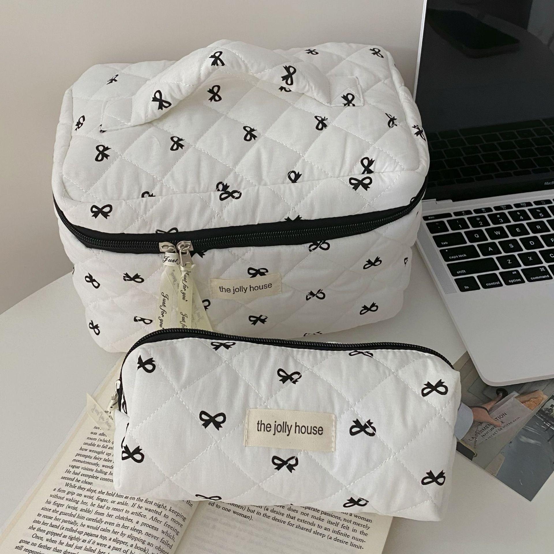 Fashion Cherry Tote Women Makeup Bag Portable Cute Ladies Cosmetic Toiletry Storage Pouch Handbag Cotton Quilted Zipper Bag