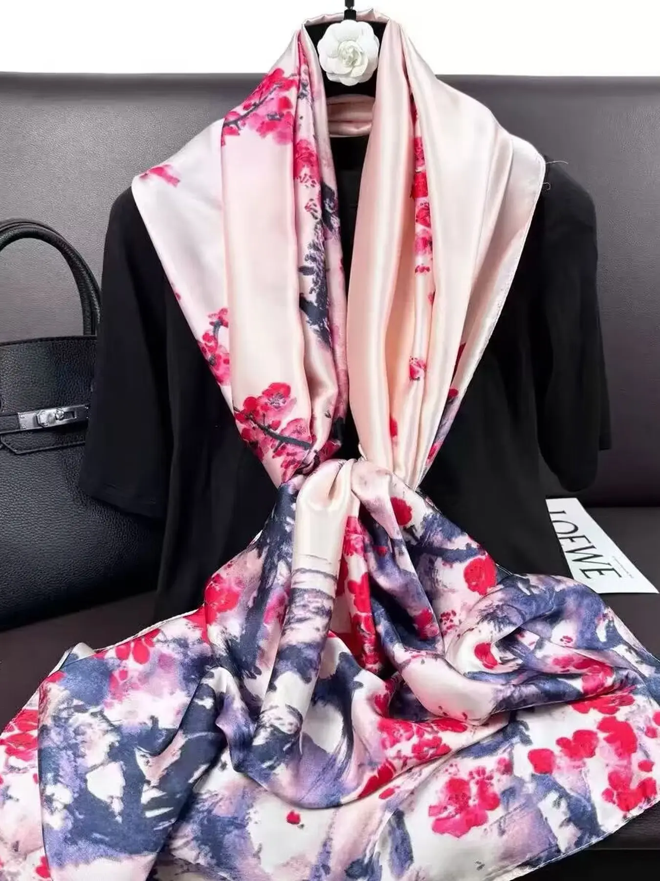 Ink Plum Blossom Satin Shawl, Elegant Floral Pattern, Loose-Fitting Silk Scarf, All Seasons Accessory, Made in China