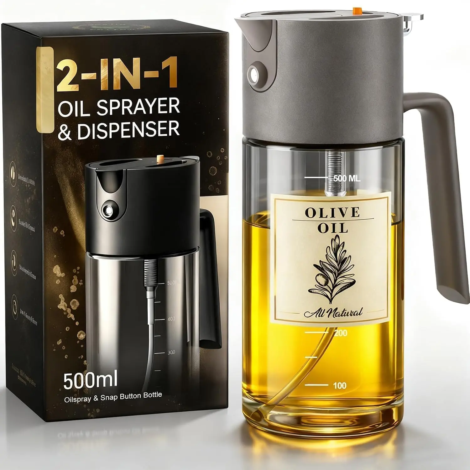 Professional 500ml Glass Oil Sprayer - 3-in-1 Kitchen Tool: Fine Mist, Stream & Pour | Leak-Proof Design for Air Fryer, BBQ & Cooking |