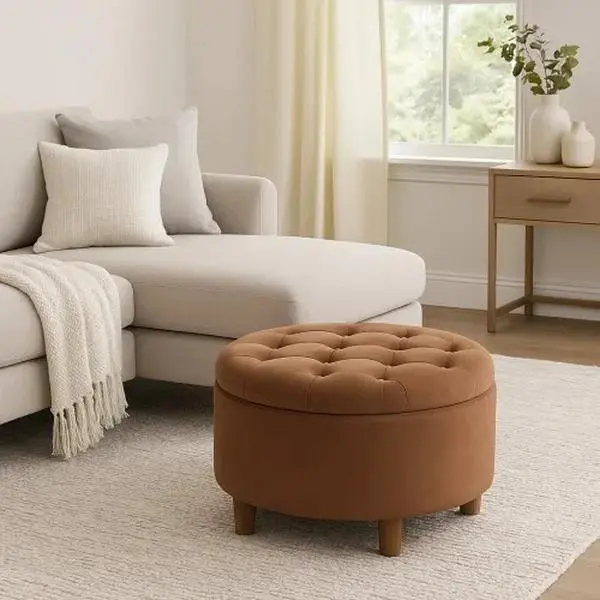 OE HOME Modern Contemporary Tufted 28-Inch Round Adjustable Lift Top Ottoman with Hidden Storage, 28x28x17" Size, 17.00" Height, 24.60 lbs Spice Brown Velvet Indoor Stool Bench