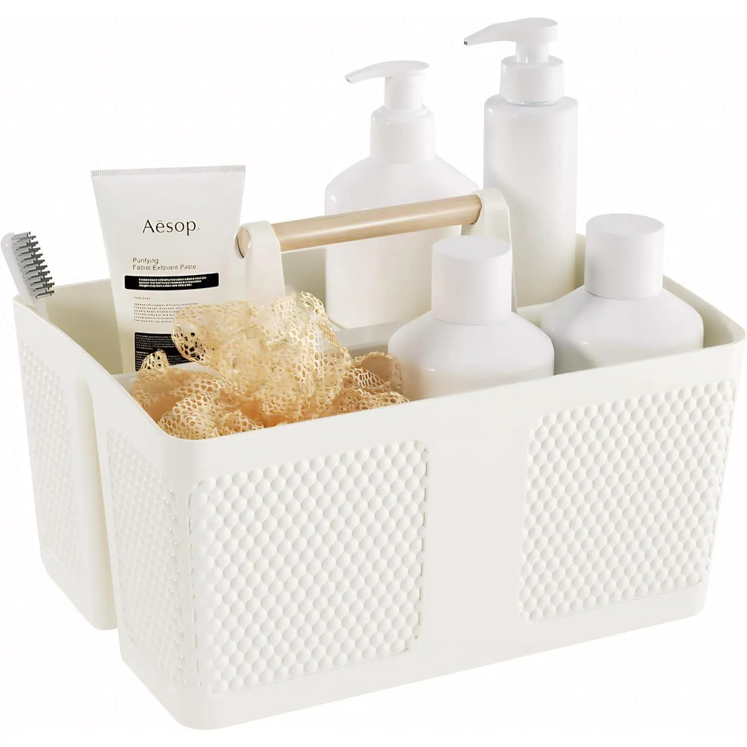 Portable Waterproof Wooden Storage Basket – Compact Fit Home Organizer with Handle, Rust-Resistant Durable Material, for Bathroom/Kitchen Toiletries, Gift Option (Milky White, 9.36"L x 7.73"W x 7.24"H)