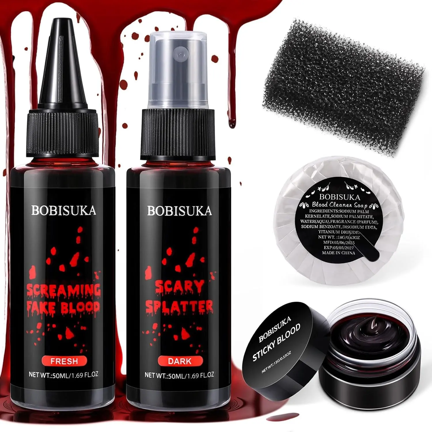 5PCS Halloween Fake Blood Kit – Dripping Fresh Blood, Dark Spray Blood, Coagulated Gel, Cleansing Soap, Stipple Sponge – Realistic Washable SFX Makeup for Zombie, Vampire Monster & CosplayGift