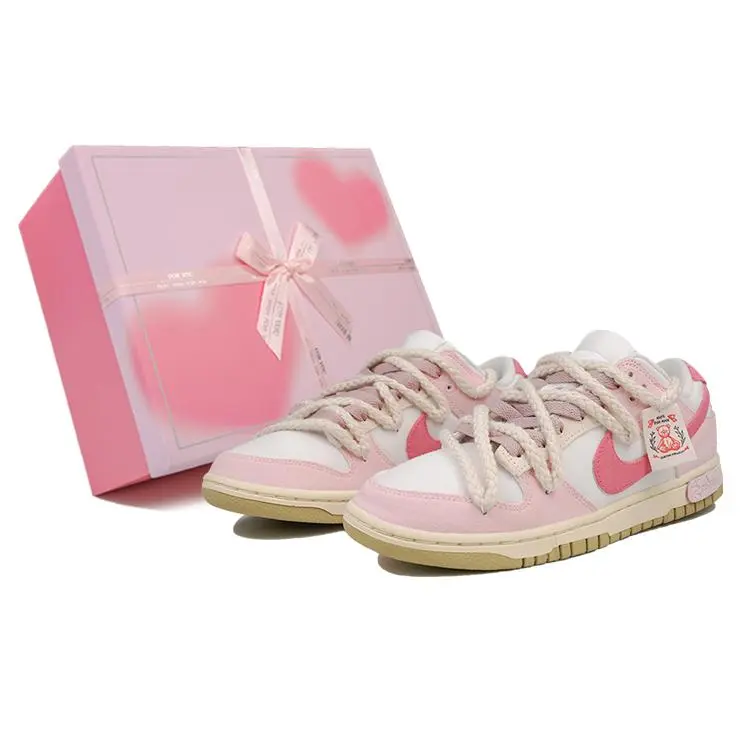 Nike Dunk Low RISK Bear Heart Pink-White Women's Sneakers with Slip-Resistant, Cushioned, Durable Low-Top Design Verifiable, with credentials and supporting global authentication