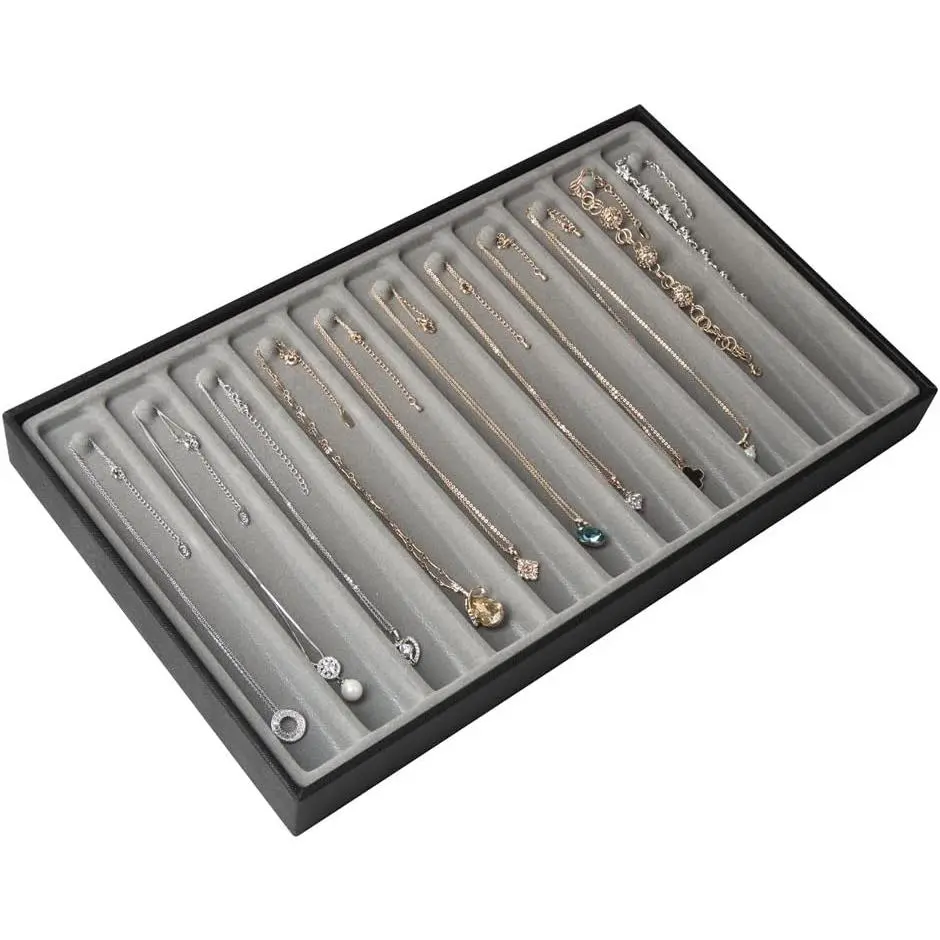 ackCube 11-Compartment Stackable Synthetic Leather Jewelry Tray - Drawer Insert Dresser Organizer, Modern Display Storage Box for Earrings, Necklaces, Bracelets, Rings (Set of 1, mk212-1b(black), 16x9.6x1.6in)