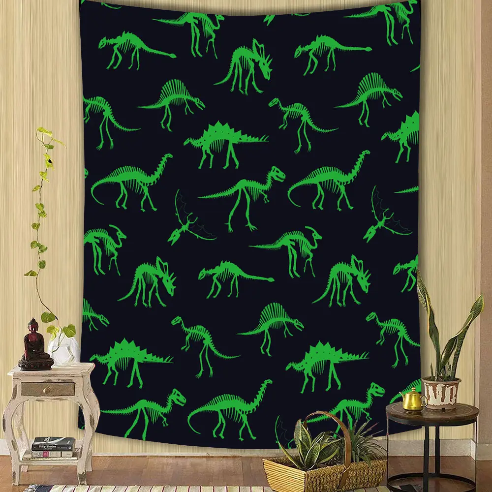 Neon Dinosaur Silhouette Tapestry.Minimalist Repeating Dino Print for Boys Room or Trendy Decor