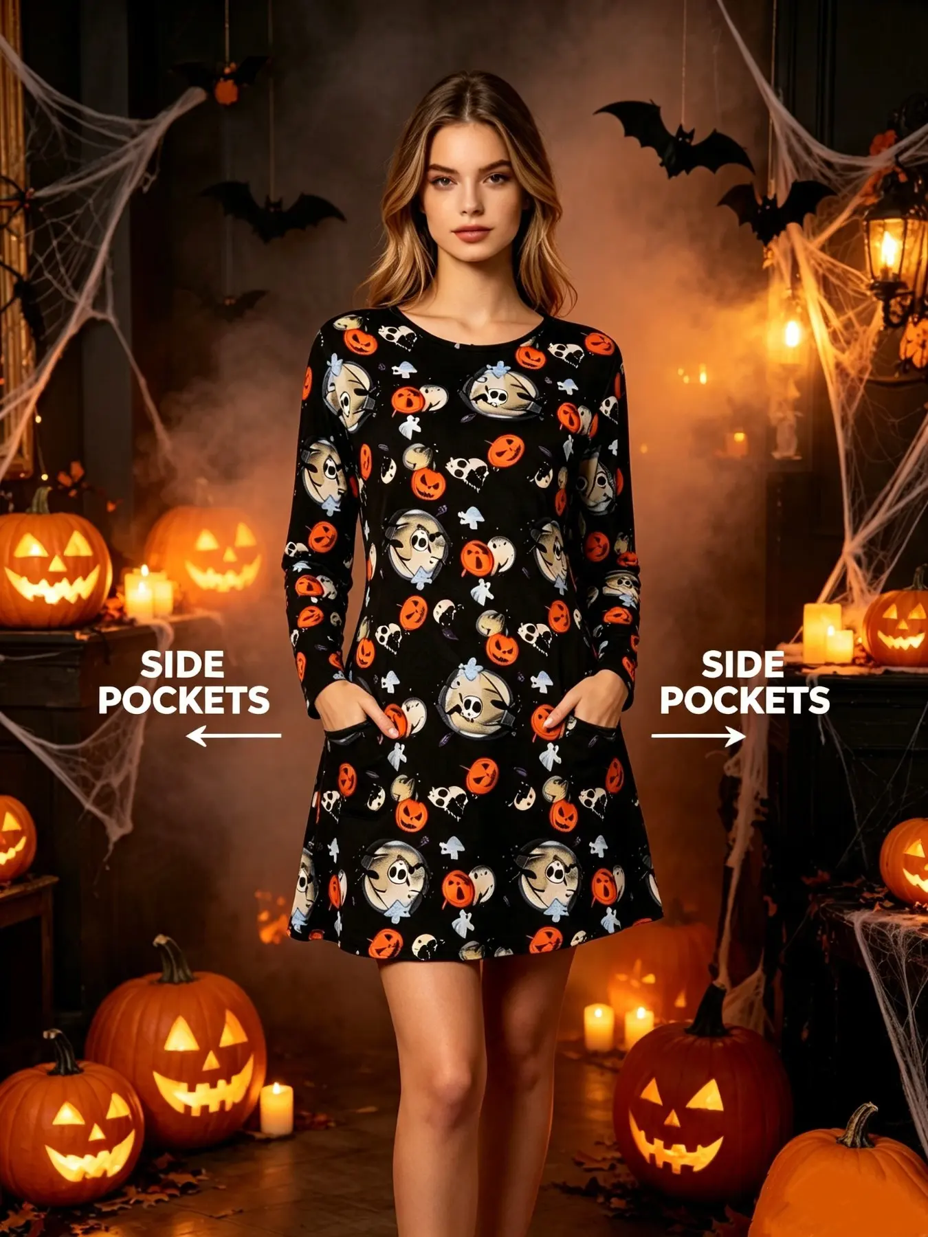 Women's Halloween Skull Costume Dress, Pumpkin Print Long Sleeve A-Line Dress, Side Pocket Loose Fit Casual Party Skirt, Casual Dresses
