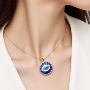Vibecharm Women's Gold-Tone Evil Eye Medallion Chain Jewelry Necklace - Copper Chain, Blue Enamel Circle Pendant, Long-Length Boho Statement Layering Costume Jewelry, Unique Gift, Chain Jewelry Necklaces