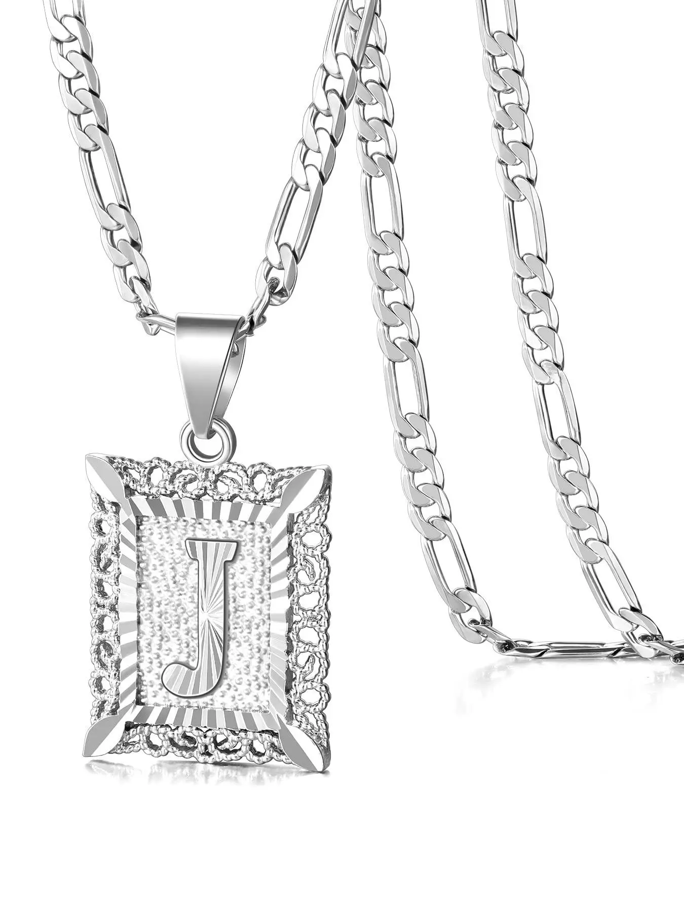 Silver initial pendant necklace for men, gold-plated square capital letter abbreviation necklace, A-Z Figaro chain jewelry gift