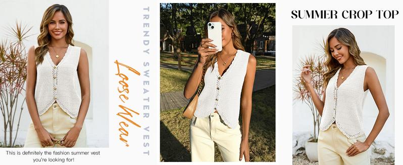Saodimallsu Womens Sleeveless V Neck Sweater Vest Cropped Button Down Casual Loose Knit Summer Going Out Tops for Valentine's Day Collection
