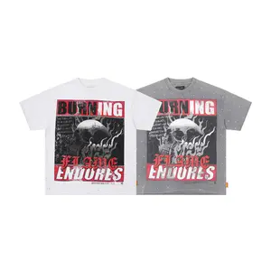FIRST ROW Burning Flame Skull Graphic T-Shirt, White Gray Oversized Streetwear Tee, graphic tee, summer graphic tees, vintage t shirts, t shirts for men, men's graphic tees