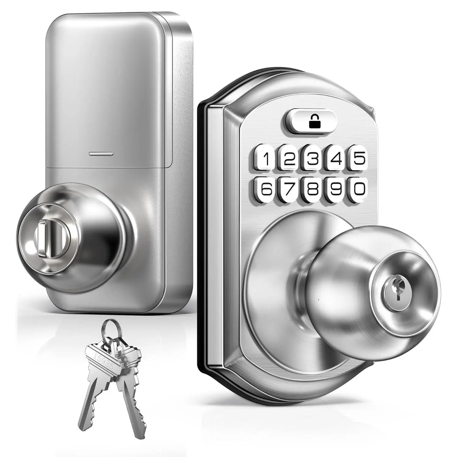 TE003 Keyless Entry Keypad Door Lock with Handle,  Digital  Locks for Front Door,  Door Knob with Code for Bedroom, Auto Lock, Passage Mode, Easy to Install, Satin Nickel