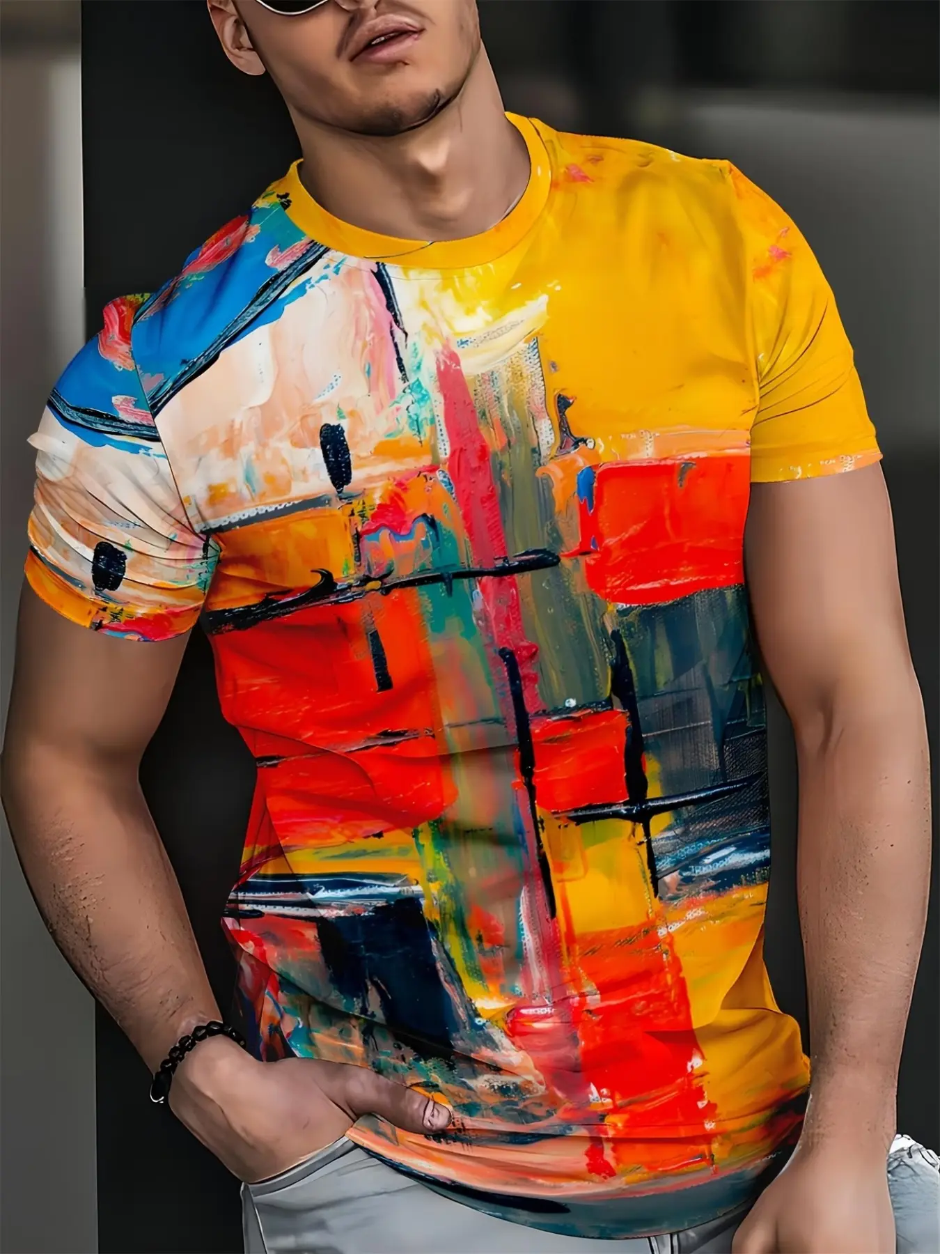 Men's Round Neck Short Sleeve T-Shirt, Tribal Ethnic Geometric Print, Breathable Casual Retro Top, Daily Hip Hop Streetwear