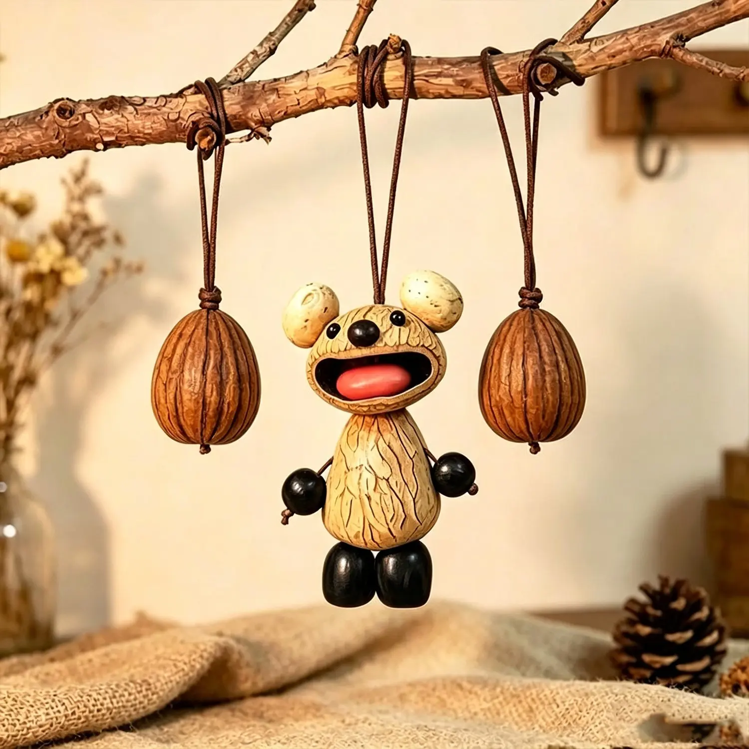 Handmade Fruit Shell Bell Charm, Natural Material, Soft Ring Sound, Ethnic Handicraft Design, Bag Pendant, Meditation Healing Jewelry, Unique Gift