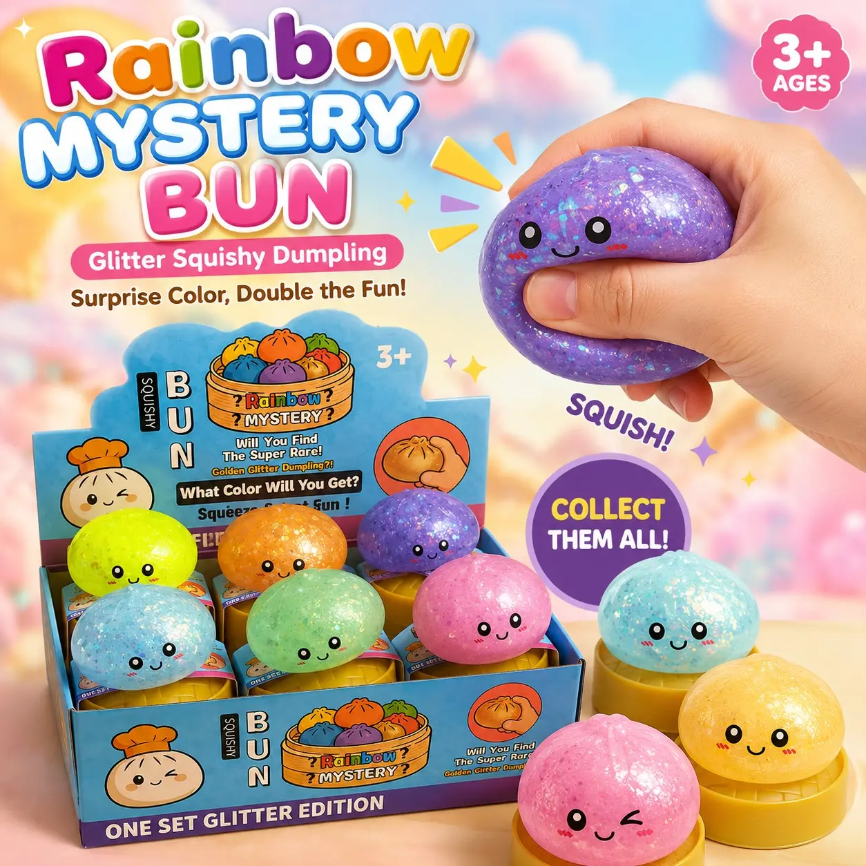 Glitter Dumpling Baozi Mystery Blind Box Pack, Squishy Glitter Dumplings Soft Slow Rebound Squeeze Fidget Toy to Relieve Daily Stress, Rare Limited Collectible Set, Stylish Tabletop Ornament Office Relaxation Accessory
