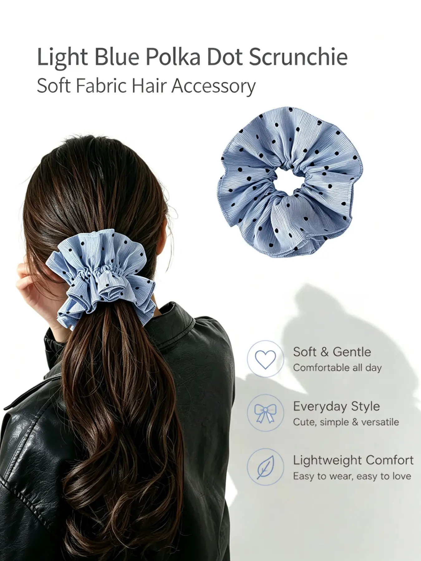 1‑Piece Light Blue Polka‑Dot Scrunchie, Ruffled Fabric Hair Elastic, Sweet Casual Style, Soft Stretchy Hair Scrunchie, Daily Casual Hair Accessory for Women & Girls, Ideal for Daily, Date & Party Hairstyles