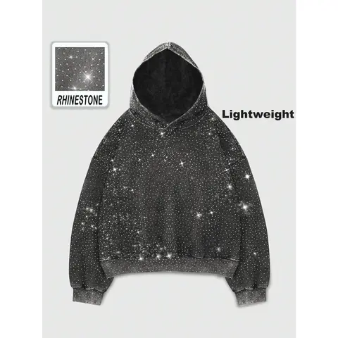 Rhinestone Glitter Unisex Spring Oversized Hoodies Sparkly Long Sleeve Shirts Party Hooded Sweatshirts Tops