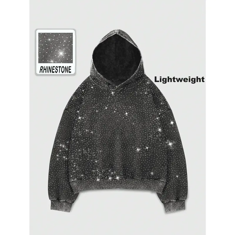 Rhinestone Glitter Unisex Spring Oversized Hoodies Sparkly Long Sleeve Shirts Party Hooded Sweatshirts Tops