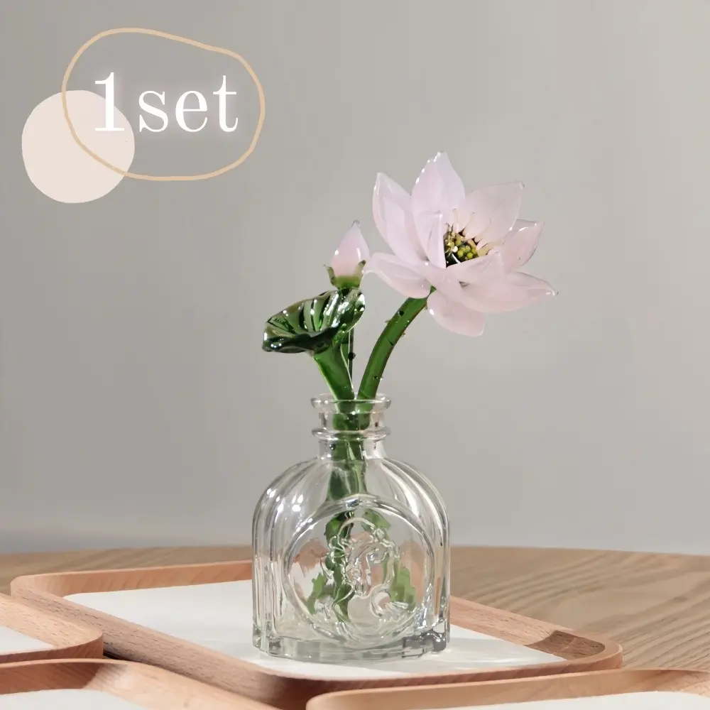 1Set Glass handicrafts Lotus flower + Flower vase for Crafts Home Office Table Desk Car Decoration Presents