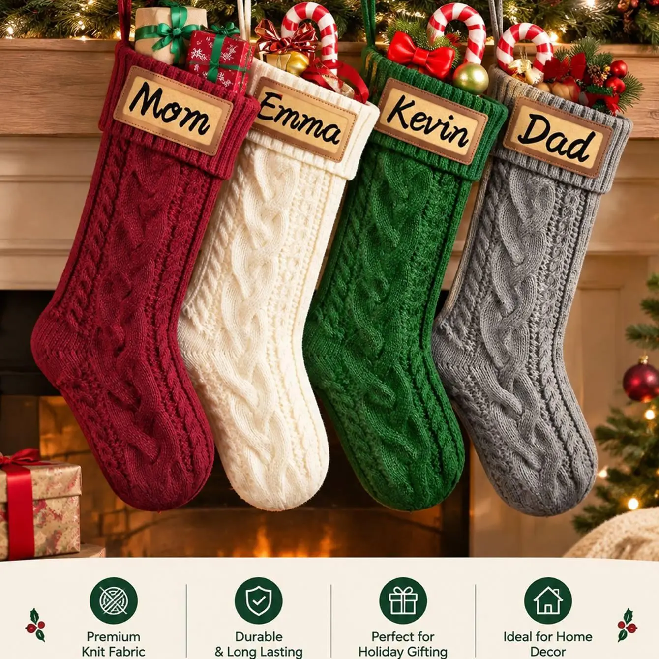 4 Pack Personalized Cable Knit Christmas Stockings, Custom Name Leather Patch Family Xmas Stocking Set, Large Knitted Stockings for Fireplace, Christmas Home Decor Gift for Mom Dad Kids