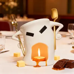 Ceramic Fondue Cup Set w/Built-In Fork & Spoon - Mini Chocolate/Cheese Fondue Mug | Microwave & Dishwasher Safe | Compact Gift-Ready (White)