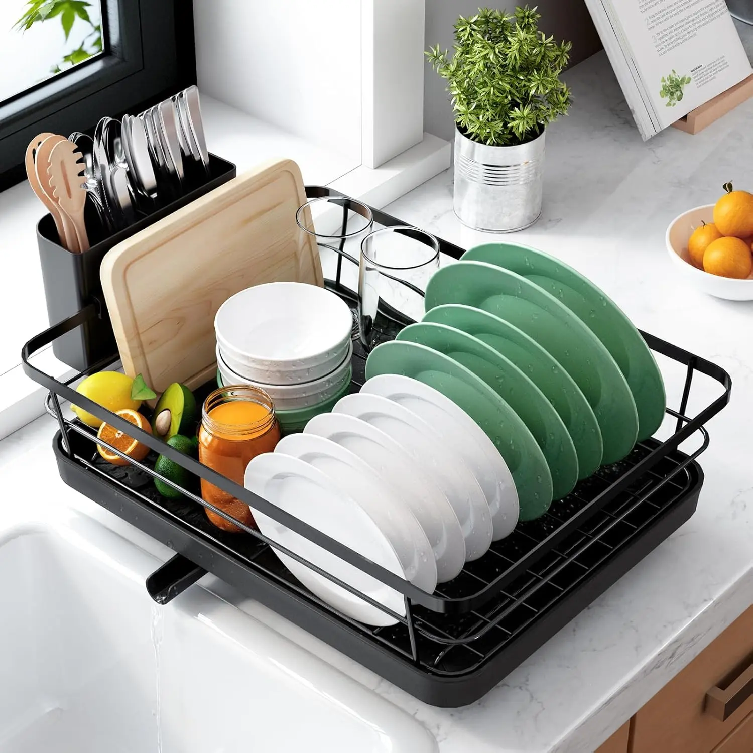 Multi Functional Rotatable Stainless Steel Dish Drainer Rack, Round Kitchen Counter Storage Organizer with Drainboard, Cup Cutlery Holder, Space Saving Dish Storage Shelf for Plates Bowls Mugs, Fit Sink Counter Small Household Apartment Kitchen Decor