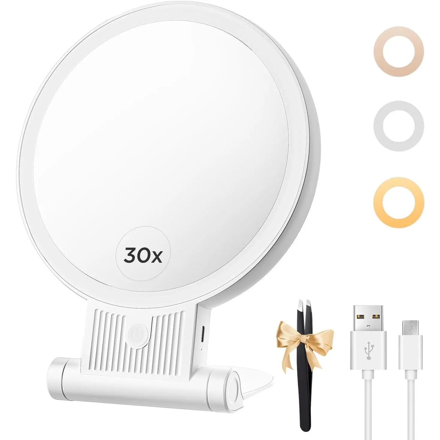 1X/30X Lighted Makeup Mirror with Magnification, Double-Sided , 3-Color Lights, 2000mAh Rechargeable, Adjustable Brightness for  Table or Bathroom (Whithe)