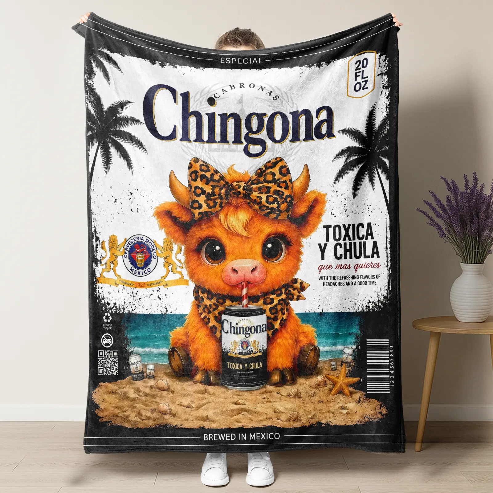 Chingona Cute Highland Cow Leopard Bow Mexican Beer Label Flannel Throw Blanket,Mexican Latina Culture Home Decor Sofa Blanket, Unique Birthday Gift for Latina Women & Highland Cow Lovers,summervibes