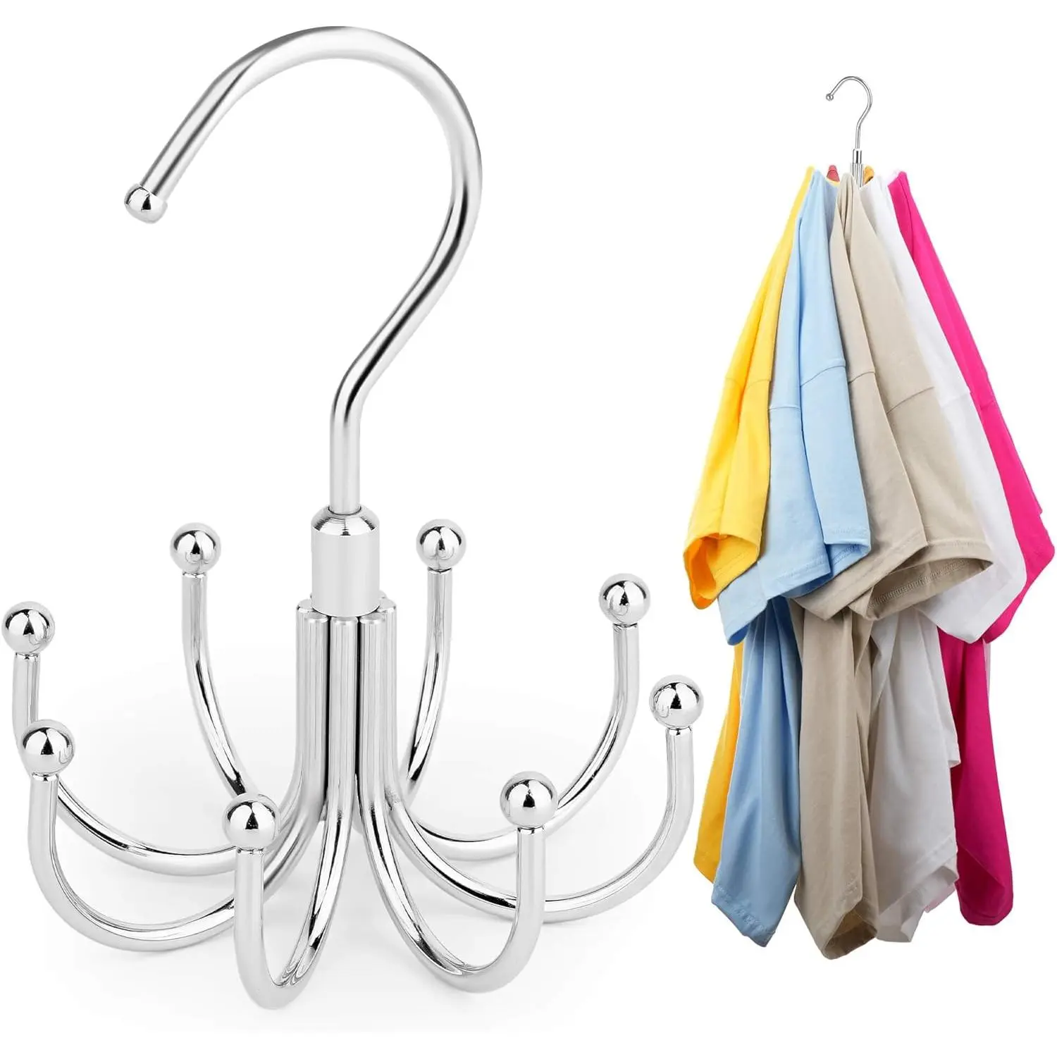 Space Saving Hangers for Clothes,Rotatable Sturdy Shirt Hangers with 8 Hooks, Non Slip Multiple Shirt Organizer for T-Shirts Sweatshirts Hoodies, Silver