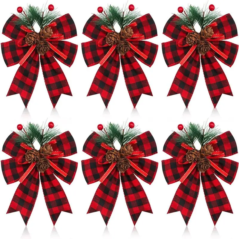 6-Piece Christmas Bow Set, Includes Pinecones and Pine Needles, Velvet Bows, Ribbon, DIY Decor for Christmas Tree and Party