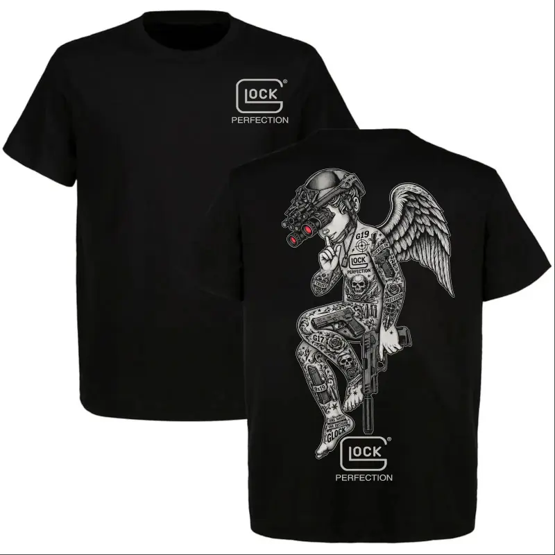 Graphic T-Shirt GLOCK "Perfection" Tee, Tactical Angel Gun Graphic Shirt, Vintage Tattooed Cherub Gun Lover T-Shirt, 2nd Amendment Patriotic EDC USA Apparel, Tactical Style Short Sleeve Graphic Tee, Unisex Casual Streetwear Top for Men Women