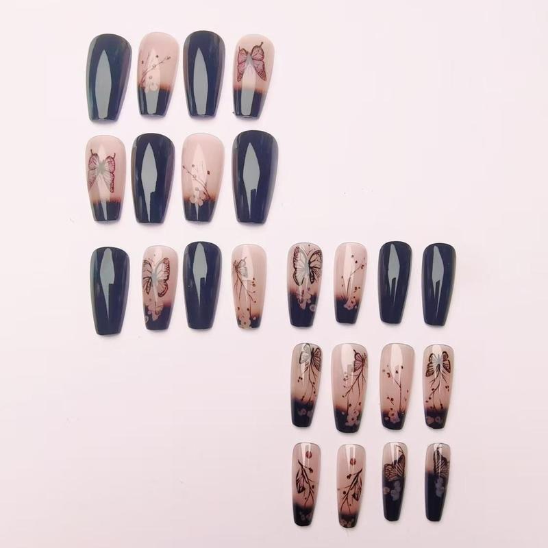 Butterfly & Flower Pattern Fake Nails, 24pcs Removable False Nails for Women Girls Nail Art Design, Effortless Press on Nails Manicure Set