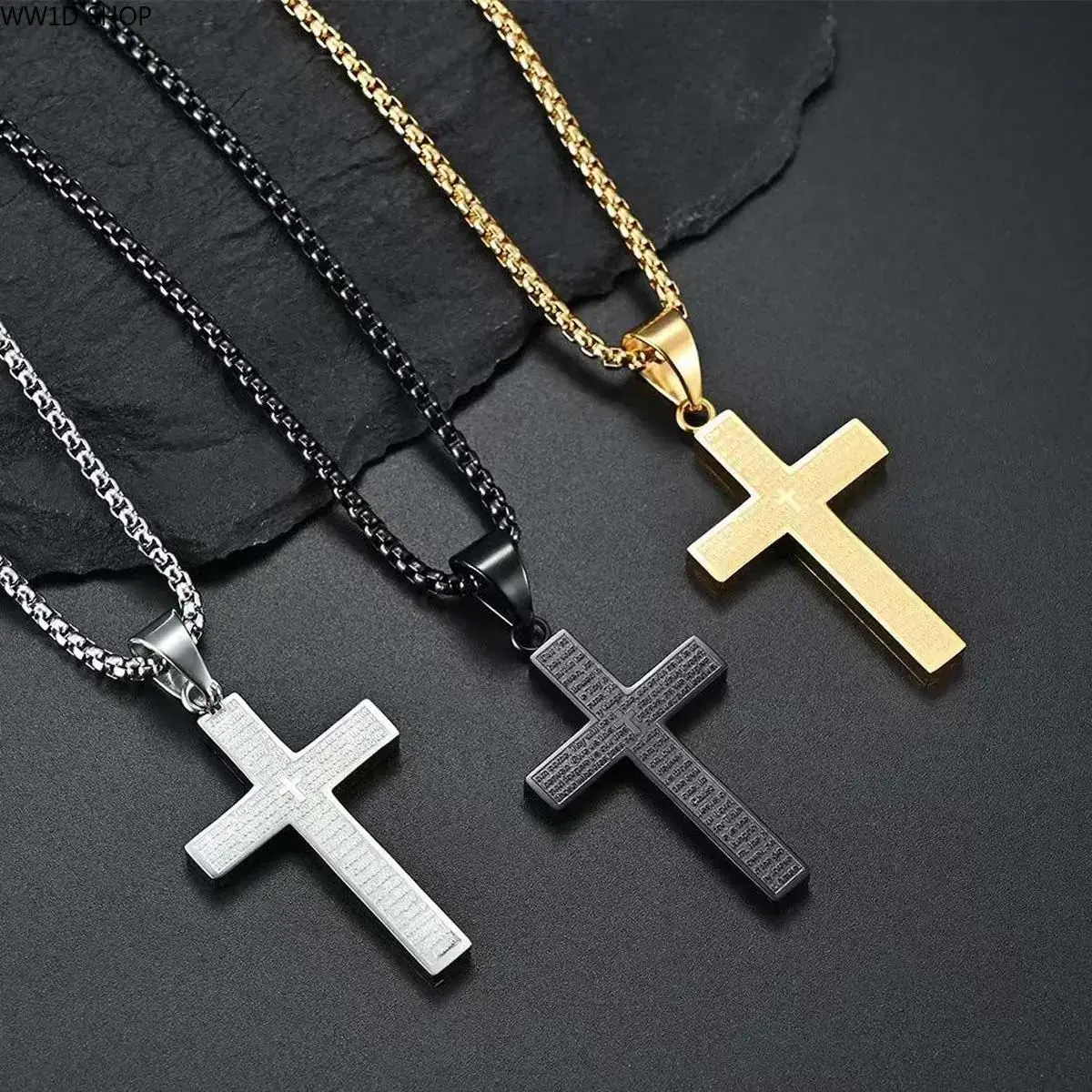 Unisex Religious Cross Necklace With Scripture Inspired Pendant, Golden Silver Black Artificial Gemstone Chain Jewelry for Men and Women Daily Wear Faith Gift Accessory