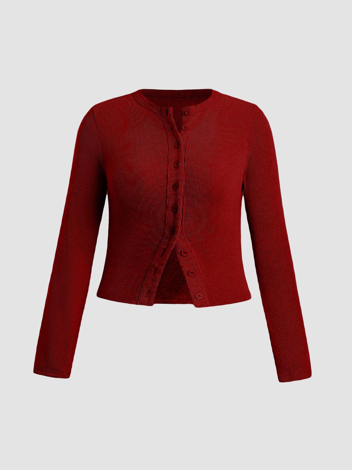 【Plus Size】 Solid Color Ribbed Button Front Cardigan, Casual Long Sleeve Round Neck Knitwear for Spring & Fall, Women's Tops for Daily Wear